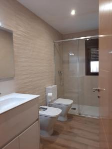 a bathroom with a toilet and a shower and a sink at Apartamentos Miguel Angel in Beteta