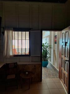 korytarz z oknem, stołem i rośliną w obiekcie Sunset Bay B&B w mieście Corn Islands