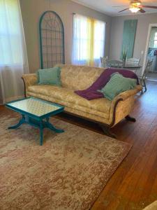 a living room with a couch and a coffee table at The Jungalow in Brookhaven