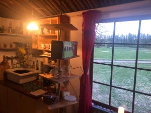 a kitchen with a window and a counter with a television at Treehouse Magpies Nest with bubble pool in Avesta