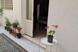 استوديو في المدينة المنورة في المدينة المنورة: شرفة مع نباتات الفخار وطاولة أمام الباب