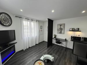 salon z telewizorem z płaskim ekranem i salonem w obiekcie Appart de Luxe tout confort jusqu a 4 personnes w mieście Triel-sur-Seine