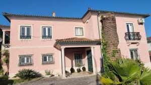 a pink house with a palm tree at Casa Da Palmeira in Leiria
