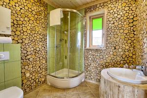een badkamer met een glazen douche en een wastafel bij Sommer Residence Hotel&Spa in Kluczbork