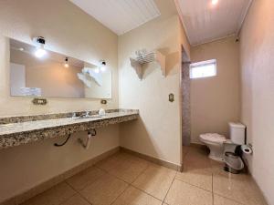 a bathroom with a sink and a toilet and a mirror at Hotel Solar da Montanha in Campos do Jordão