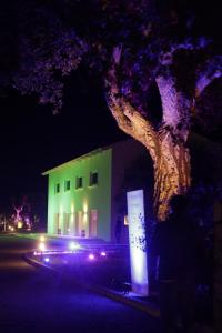 uma árvore em frente a um edifício à noite em Casabianca Resort em Fondi