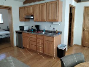 a kitchen with wooden cabinets and a sink at Sky Harbor Cabin - Homer Seaplane Base in Homer