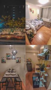 eine Collage mit Bildern eines Zimmers mit einem Bett und einem Tisch in der Unterkunft Davao Vacation Hub near Sasa ferry terminal with netflix,Wifi, pool access in Davao City