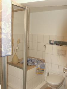 Baño pequeño con aseo y lavamanos en Apartment Wittenberg, en Lutherstadt Wittenberg