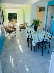 a patio with a table with chairs and a potted plant at Villa Salako, Terre-de-Bas - Bas de Villa in Terre-de-Bas