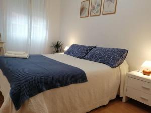 a bedroom with a large bed with blue pillows at Piso Completo cerca de estación Bus, Tren y Ferrys in Santander