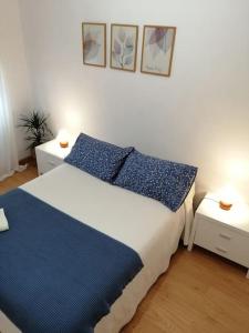 a bedroom with a blue and white bed and two pictures at Piso Completo cerca de estación Bus, Tren y Ferrys in Santander
