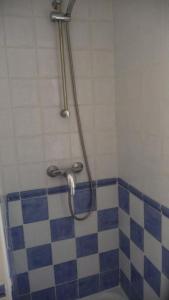 a bathroom with a shower with blue and white tiles at PLEINE VUE MER PISCINE duplex parking privé fibre wifi plage 6 minutes a pied st pierre la mer in Fleury