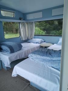 Zimmer mit 3 Betten auf der Rückseite eines Busses in der Unterkunft Akerama farm stay in Hukerenui