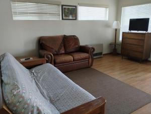 sala de estar con sofá, silla y TV en Waterfront Cabin - Homer Seaplane Base en Homer