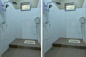 two pictures of a bathroom with a shower with a toilet at Casaria Homestay Besut in Jertih