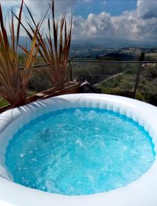 a large plunge pool with blue water in a backyard at Glamping Altos De Hayuelos in Paipa