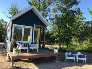 a tiny house with chairs and a table at The Bluebirds Nest in Dufrost