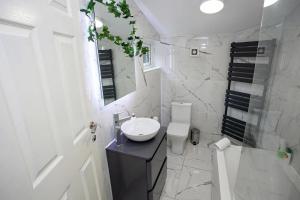 a bathroom with a sink and a toilet and a shower at The Safari House - Your Ultimate Relaxation Destination in Manchester