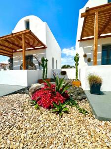 a house with a flower garden in front of it at Aeron Suites in Éxo Goniá