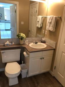 a bathroom with a toilet and a sink and a mirror at Paradise Canyon Golf Resort - Luxury Condo M401 in Lethbridge