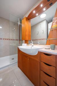 a bathroom with a sink and a shower at La Grande Palmeraie - Spacieux studio avec vue mer, terrasse, port de Garavan in Menton