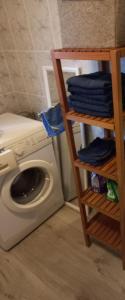 een wasruimte met een wasmachine en een plank met handdoeken bij Vogelzang in Hattemerbroek