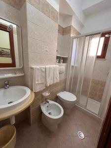 a bathroom with a sink and a toilet and a shower at Il Nocchiero City Hotel in Soverato Marina
