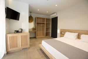 a bedroom with a bed and a flat screen tv at DeLight Luxury Rooms in Faliraki
