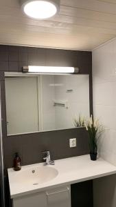 a bathroom with a sink and a large mirror at Viihtyisä koti in Vantaa