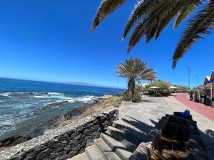 a beach with a palm tree and the ocean at Ground floor apartment very close to the sea! in Alcalá