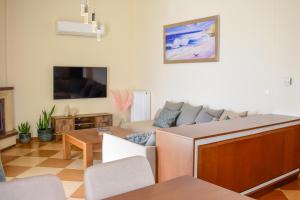 un soggiorno con divano e TV di Zoe's Flat Megali Ammos a Città di Skiathos