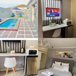un collage de tres fotos de una habitación de hotel en Naliya Guest house en Ciudad del Cabo