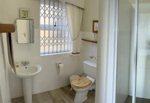 een badkamer met een toilet, een wastafel en een raam bij SEEMEEU in Jeffreys Bay