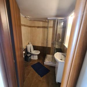 a small bathroom with a toilet and a sink at vaccation appartement in Káto Almirí