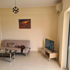 a living room with a couch and a tv at vaccation appartement in Káto Almirí