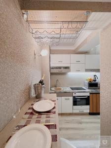 a kitchen with a counter with two plates on it at RentHouse Apartments Elegant in Chişinău