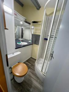 een kleine badkamer met een toilet en een wastafel bij maison résidence privé in Cap d'Agde
