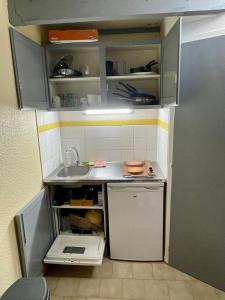 eine kleine Küche mit Spüle und Kühlschrank in der Unterkunft maison résidence privé in Cap d'Agde