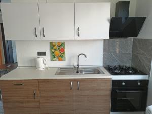 a kitchen with a sink and a stove at Oxford Apart Otel in Ortaca