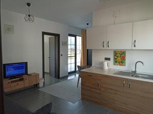 a kitchen with a sink and a tv on a table at Oxford Apart Otel in Ortaca