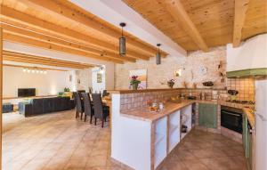 uma cozinha em plano aberto e sala de jantar com tectos em madeira em Nice Home In Zminj With Wifi em Žminj