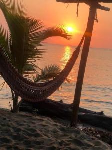 eine Hängematte am Strand mit Sonnenuntergang im Hintergrund in der Unterkunft Muchilena fishing club & suites 