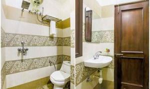 two pictures of a bathroom with a toilet and a sink at FabExpress Mayank Palace in Chandīgarh