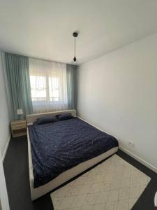 - une chambre avec un lit et une couette bleue dans l'établissement apartament Onestilor, à Oradea