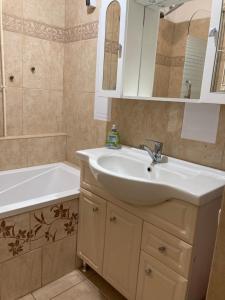 a bathroom with a white sink and a bath tub at Gogol24 in Szeged
