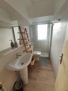a bathroom with a sink and a shower and a toilet at Figueira Family Apartment in Figueira da Foz