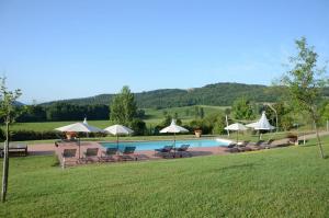 a pool with chairs and umbrellas in a yard at La Porcilaia in Castelnuovo Berardenga