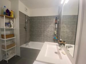 a bathroom with a sink and a bath tub and a mirror at Chambre dans logement neuf, Paris, Disney, Centrex in Noisy-le-Grand