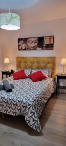 um quarto com uma cama grande e almofadas vermelhas em Sweet Home em Valência